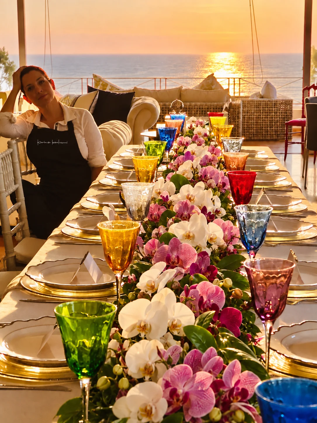Mesa de orquídeas frente al mar