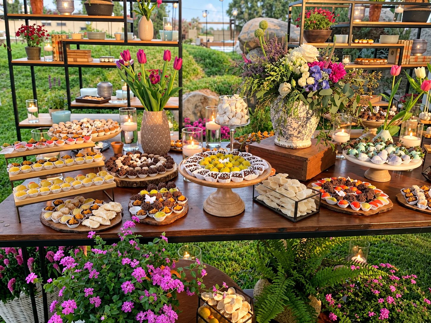 Mesa de dulces para matrimonio campestre entre flores